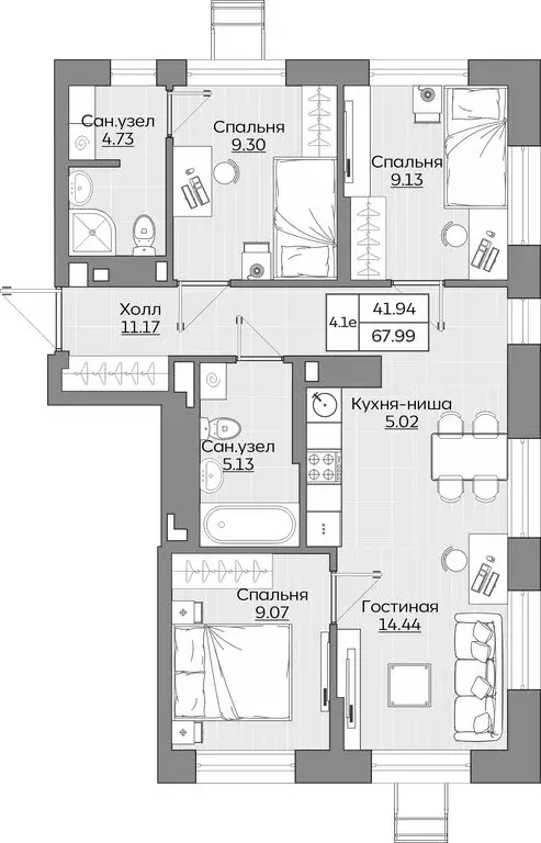 4-комнатная квартира: Казань, ЖК Батталовский (67.99 м) - Фото 1