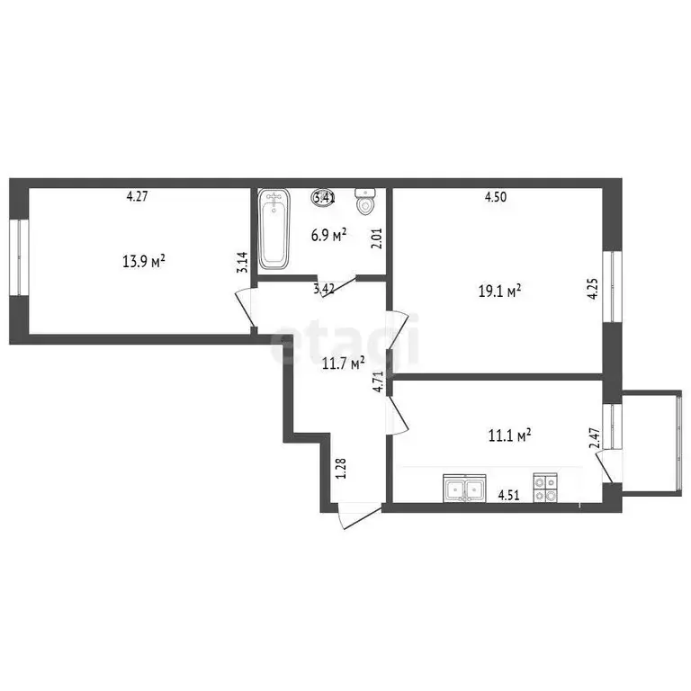 2-комнатная квартира: Петрозаводск, улица Калинина, 61 (62.7 м) - Фото 1