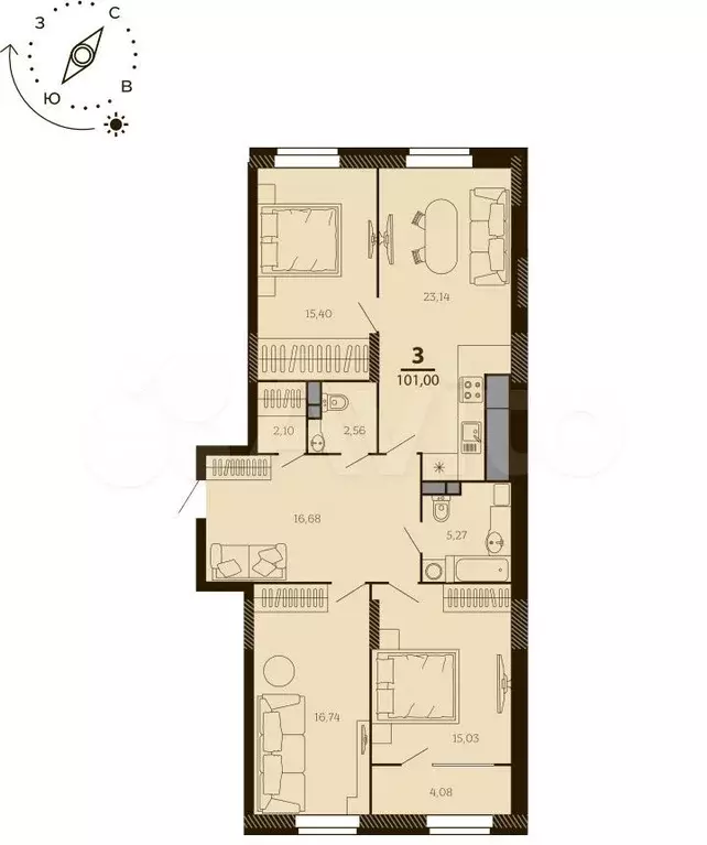 3-к. квартира, 99 м, 2/7 эт. - Фото 1