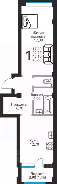 1-к кв. Ставропольский край, Ессентуки Заполотно мкр,  (43.65 м) - Фото 0
