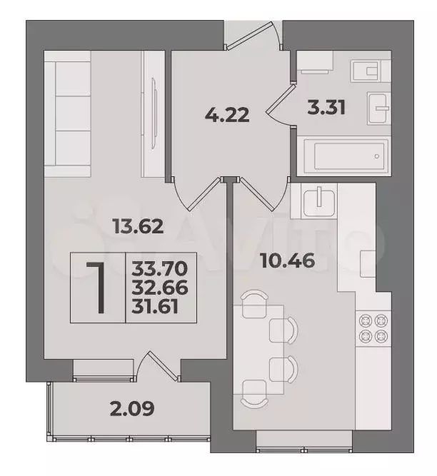 1-к. квартира, 32,7 м, 7/9 эт. - Фото 1