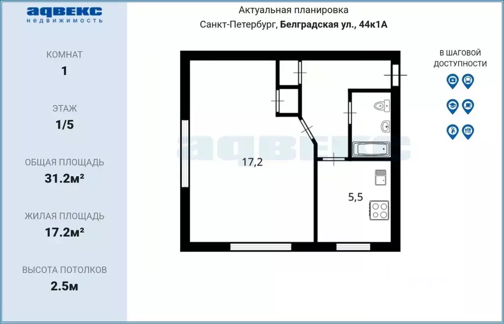 1-к кв. Санкт-Петербург Белградская ул., 44К1 (31.2 м) - Фото 2