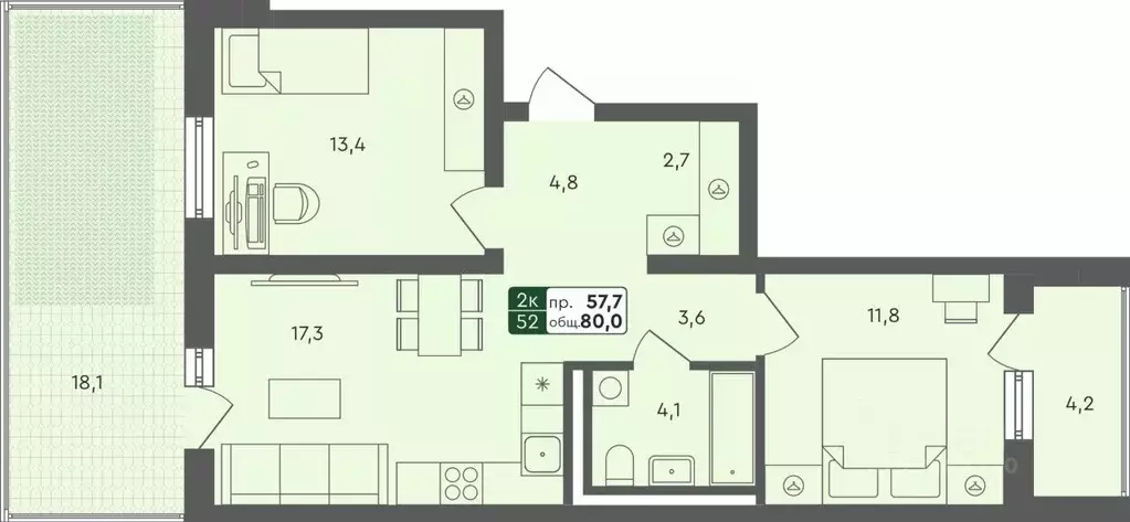 2-к кв. Омская область, Омск Красноярский тракт (80.0 м) - Фото 0