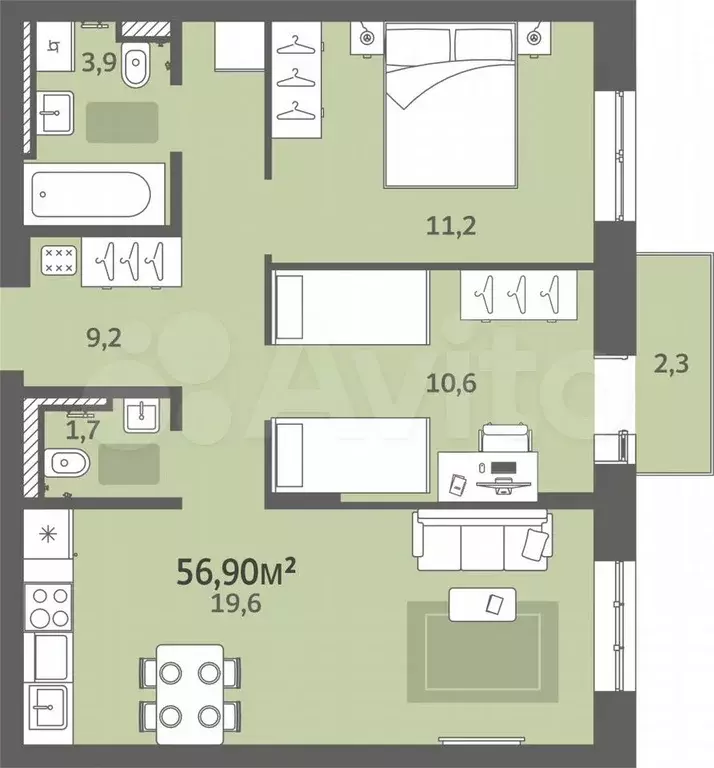 2-к. квартира, 56,9 м, 7/9 эт. - Фото 0