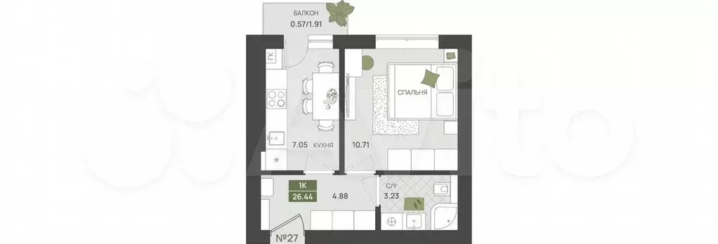 1-к. квартира, 26,4 м, 2/5 эт. - Фото 1
