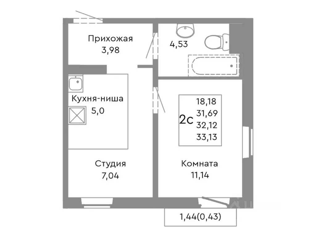 2-к кв. Челябинская область, Челябинск ул. Танкистов, 175 (32.12 м) - Фото 1