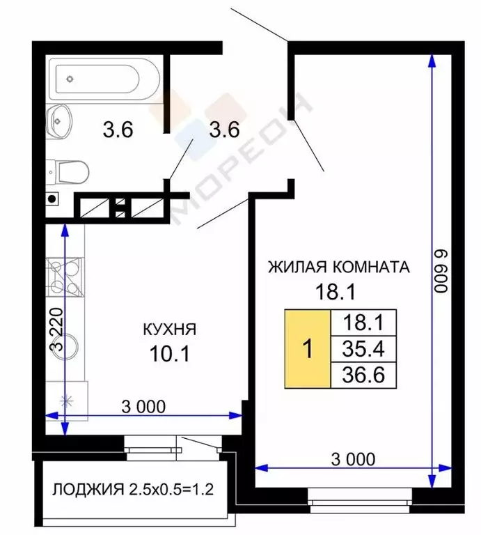 1-комнатная квартира: Краснодар, улица Лётчика Позднякова, 2к15 (37.1 ... - Фото 0