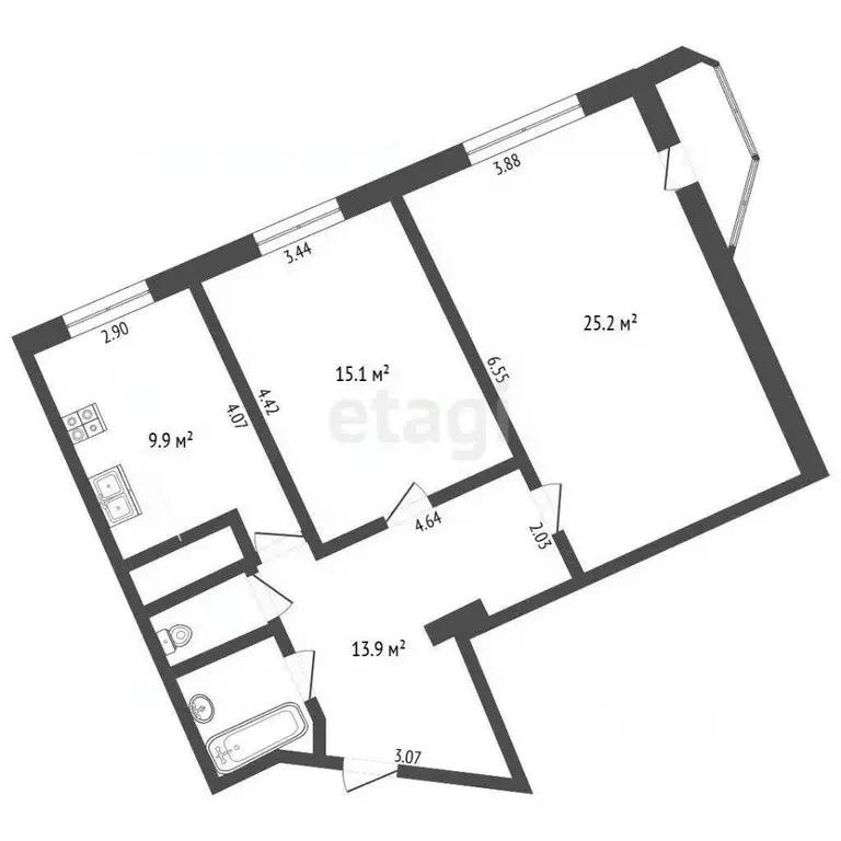 2-к кв. Белгородская область, Белгород ул. Есенина, 8а (68.9 м) - Фото 2