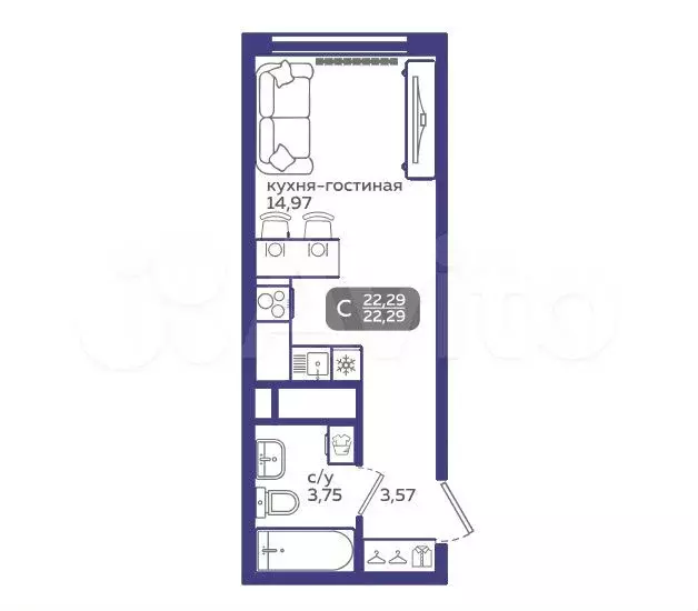Квартира-студия, 22,3 м, 17/21 эт. - Фото 1