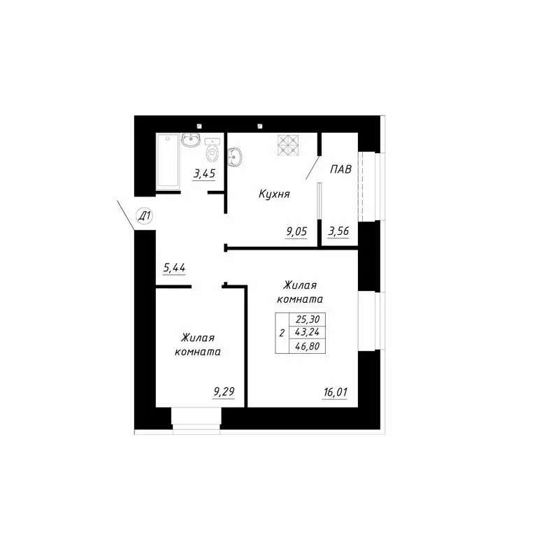 2-комнатная квартира: Стерлитамак, микрорайон Прибрежный (46.8 м) - Фото 1