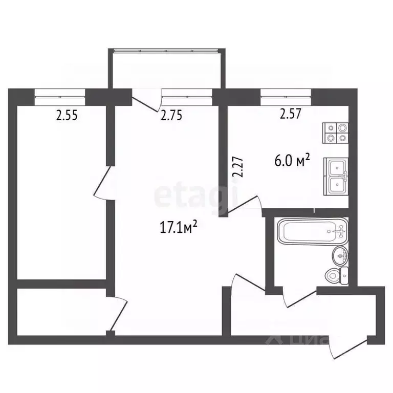 2-к кв. Челябинская область, Челябинск ул. Танкистов, 150 (44.8 м) - Фото 1