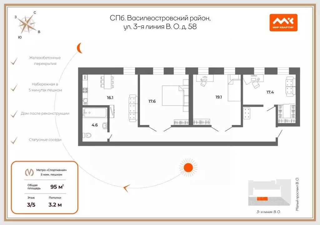 3-к кв. Санкт-Петербург 3-я Васильевского острова линия, 58 (95.0 м) - Фото 2