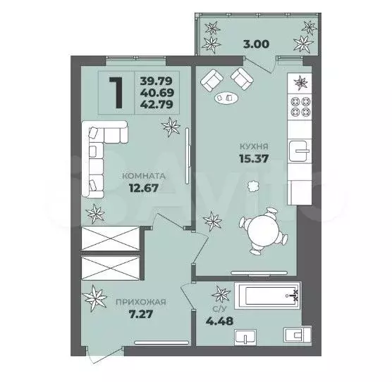 1-к. квартира, 42,8 м, 8/8 эт. - Фото 1