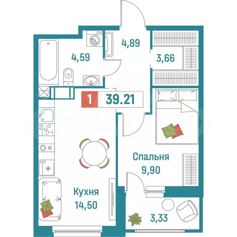 1-к. квартира, 39,2 м, 6/18 эт. - Фото 0