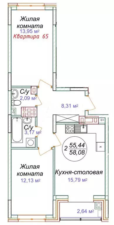 2-к. квартира, 58,1 м, 5/5 эт. - Фото 0