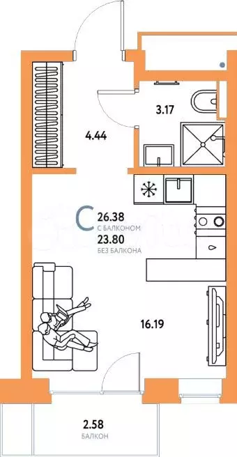 Квартира-студия, 26,4 м, 6/15 эт. - Фото 1