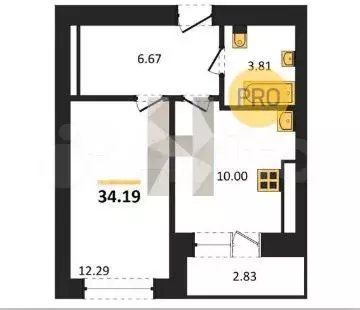 1-к. квартира, 34,4 м, 1/9 эт. - Фото 1