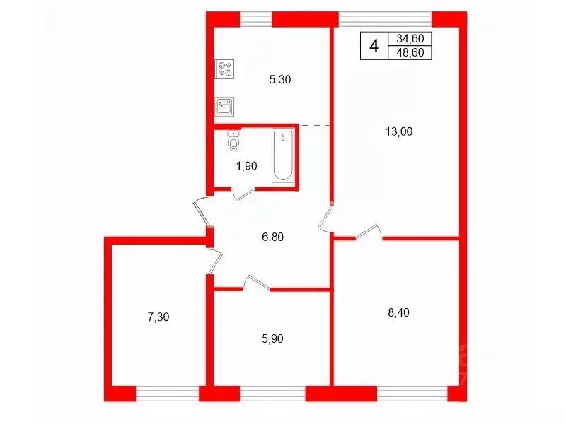 4-к кв. Санкт-Петербург ул. Зины Портновой, 30 (48.6 м) - Фото 2