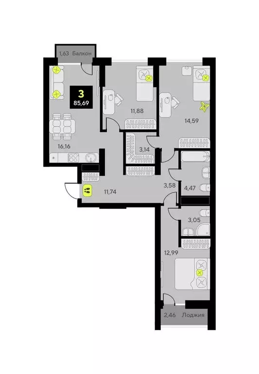 3-комнатная квартира: Тюмень, улица Пожарных и Спасателей, 8 (85.69 м) - Фото 0