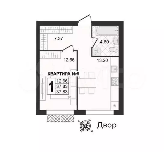 1-к. квартира, 37,8 м, 2/4 эт. - Фото 1