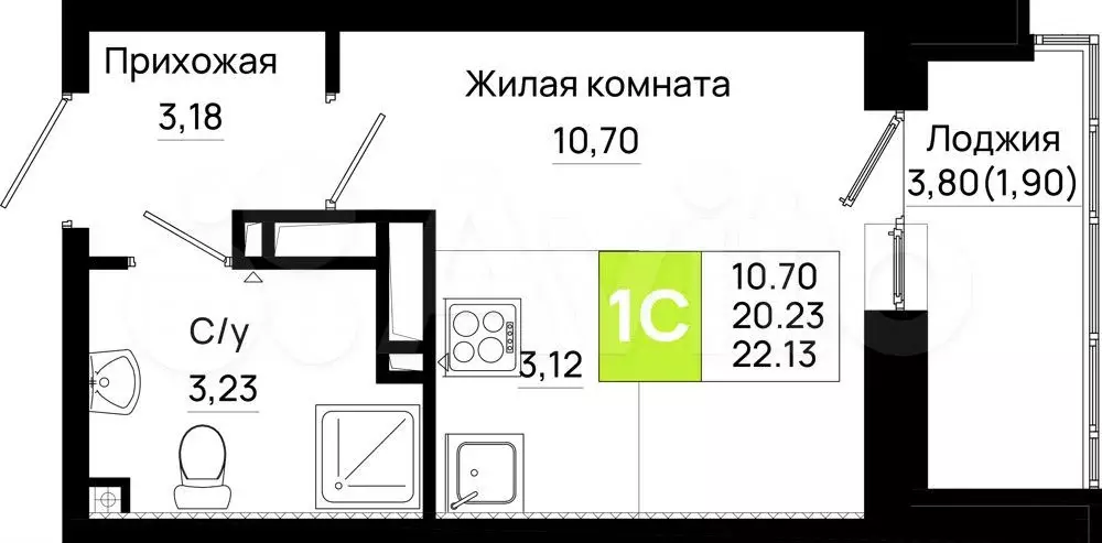 Квартира-студия, 22 м, 1/25 эт. - Фото 1