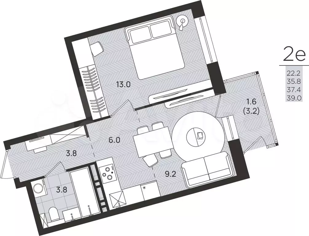 2-к. квартира, 37,4 м, 5/8 эт. - Фото 0