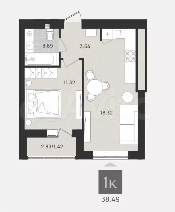 1-к. квартира, 38,5 м, 6/9 эт. - Фото 1