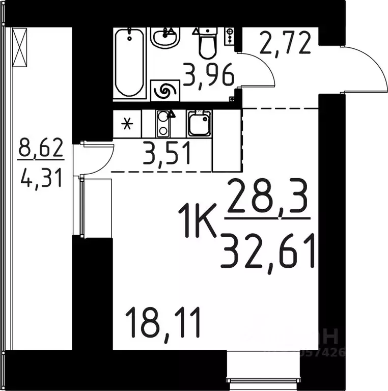 1-к кв. Томская область, Томск ул. Вершинина, 58к1 (32.61 м) - Фото 0
