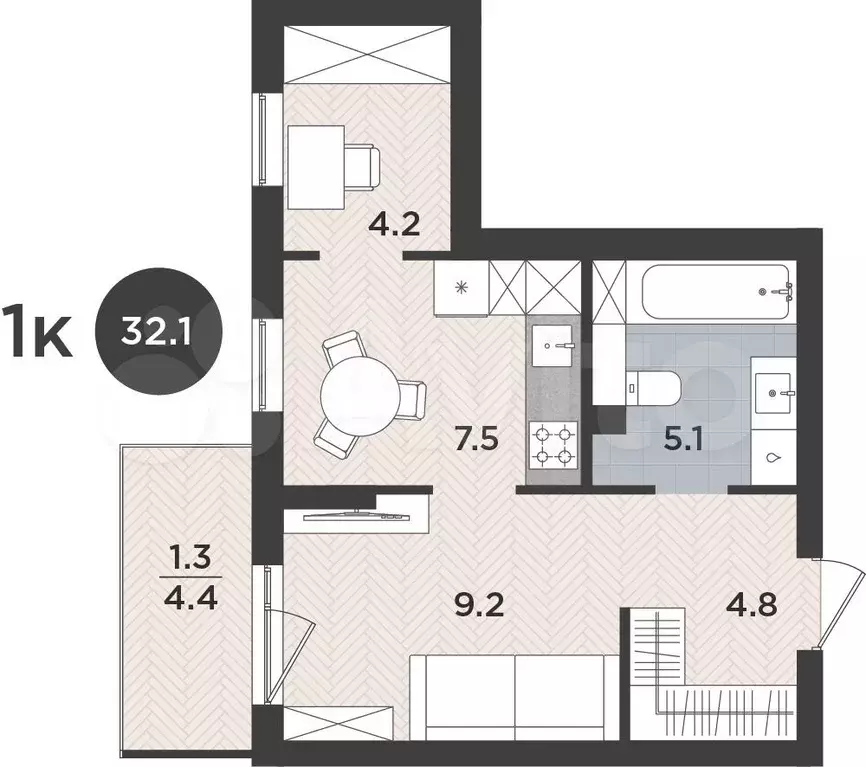 1-к. квартира, 32,1 м, 2/9 эт. - Фото 1