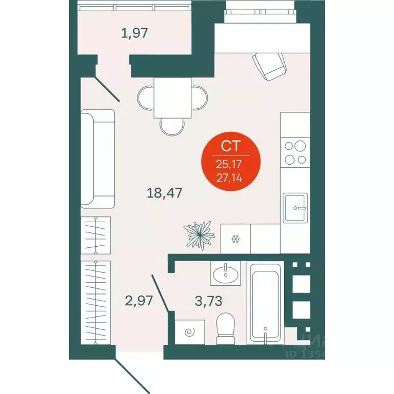 Студия Тюменская область, Тюмень Одесская ул., 7к2 (25.17 м) - Фото 0