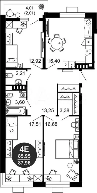 3-к. квартира, 90 м, 4/10 эт. - Фото 1