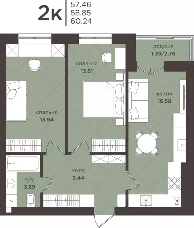 2-к кв. Калининградская область, Гурьевск  (58.85 м) - Фото 1
