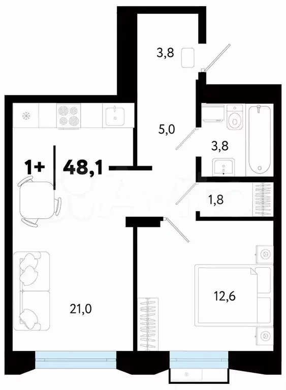 1-к. квартира, 48,2 м, 2/5 эт. - Фото 0