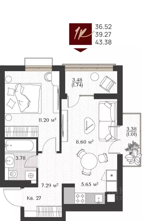 1-к кв. Калининградская область, Зеленоградск  (39.27 м) - Фото 0