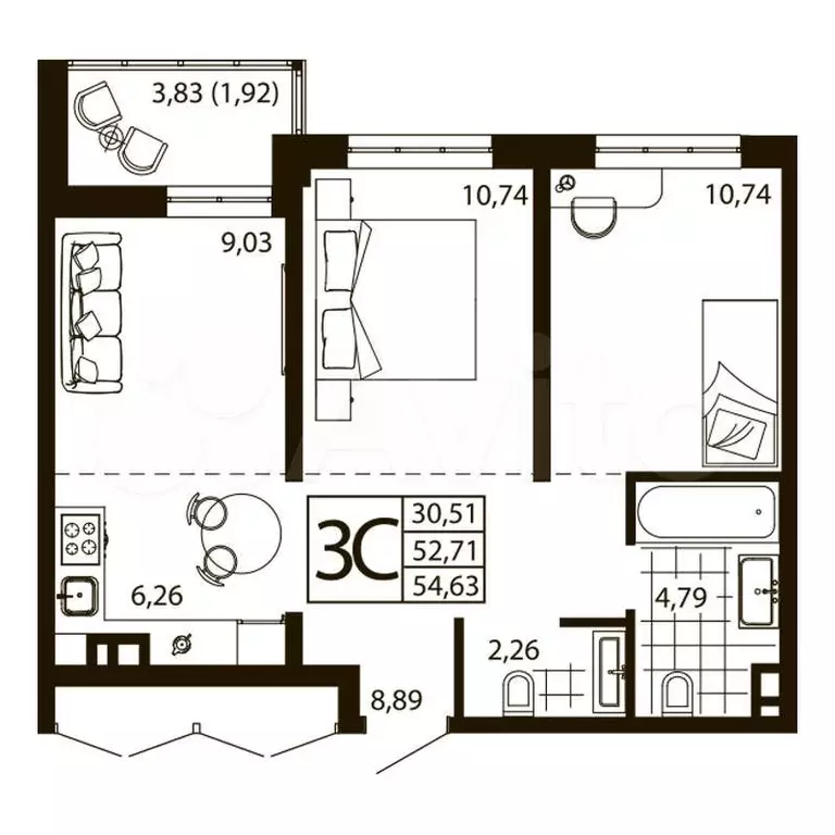 3-к. квартира, 54 м, 24/24 эт. - Фото 0