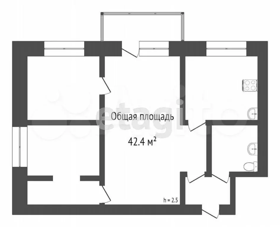 3-к. квартира, 42,4 м, 2/5 эт. - Фото 0