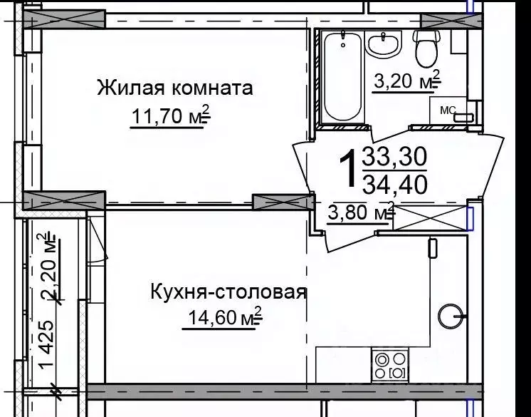 1-к кв. Нижегородская область, Нижний Новгород 52-й кв-л,  (34.0 м) - Фото 1