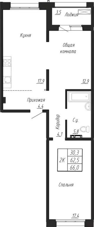2-к квартира, 66 м - Фото 0