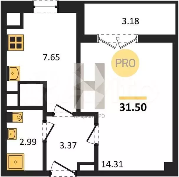 1-к. квартира, 31,5 м, 8/9 эт. - Фото 0