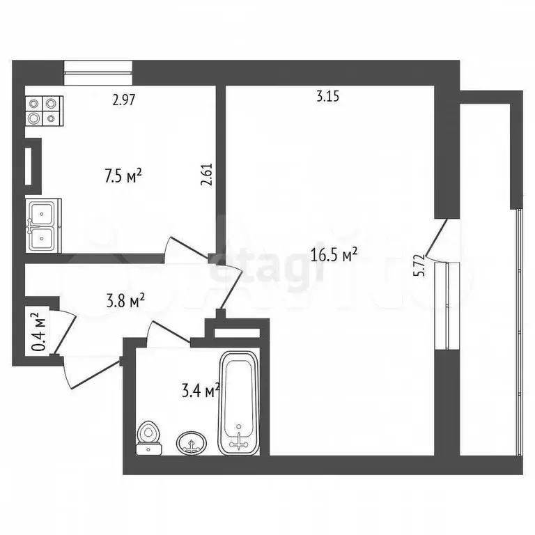 1-к. квартира, 31,6 м, 8/9 эт. - Фото 0