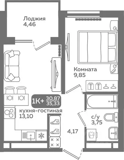 1-к кв. Тюменская область, Тюмень ул. Заполярная, 9/2 (30.87 м) - Фото 0