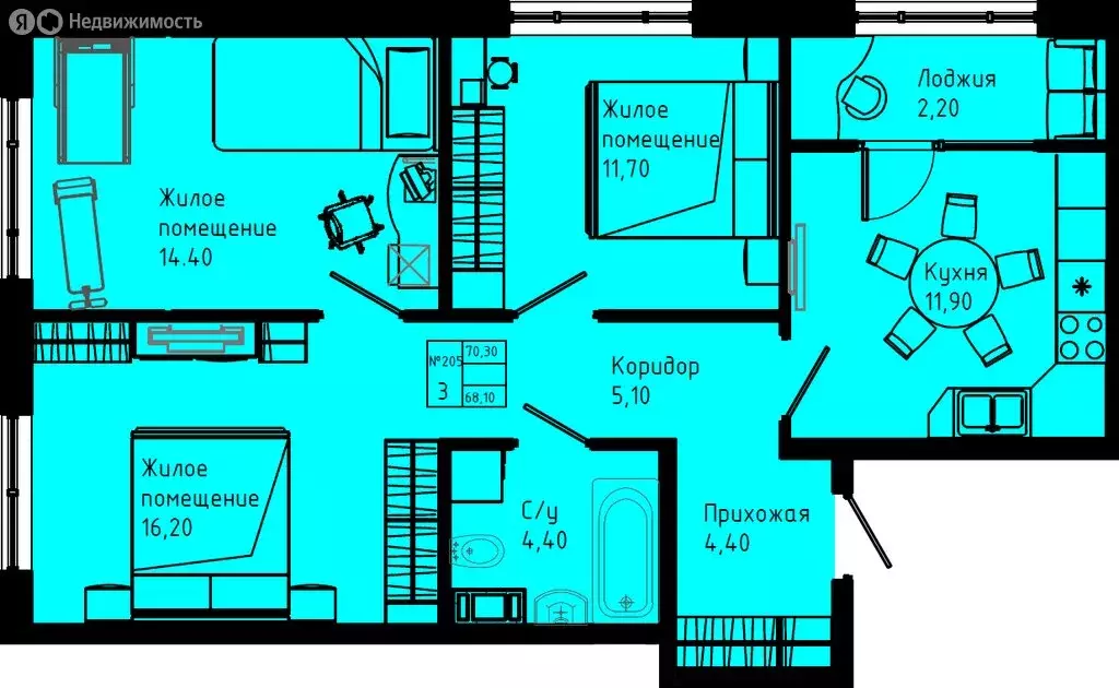 3-комнатная квартира: Коммунар, Железнодорожная улица, 41к3 (70.3 м) - Фото 1