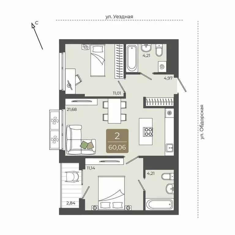 2-комнатная квартира: Тюмень, ЖК Мидгард на Уездной (60.06 м) - Фото 0