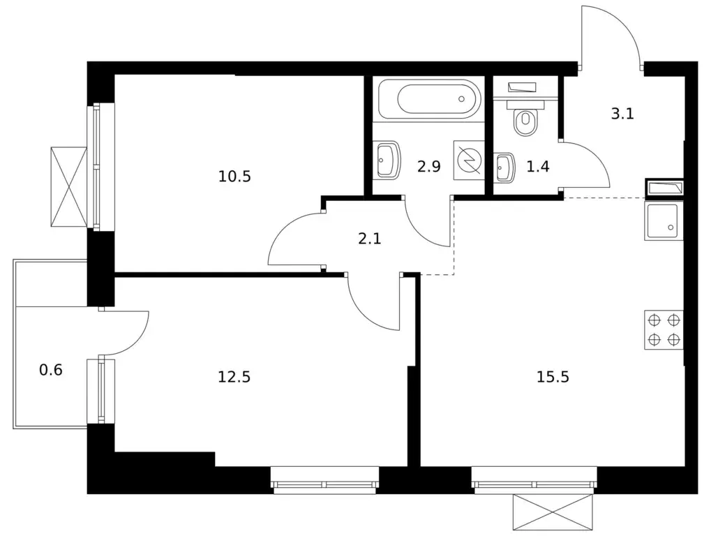 2-к квартира, 48.6 м - Фото 0
