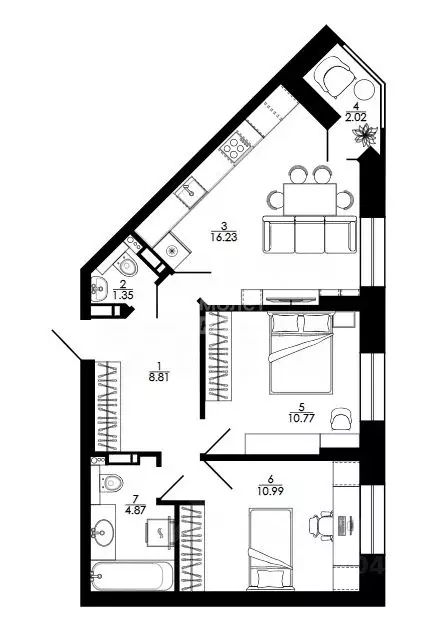 2-к кв. Липецкая область, Липецк ул. Е.И. Замятина, 1 (57.01 м) - Фото 2