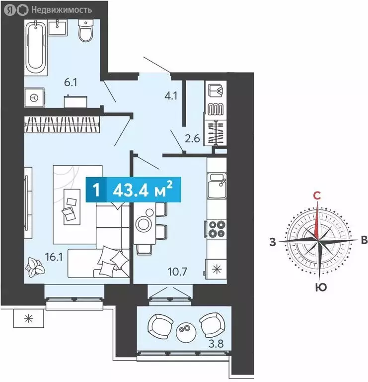 1-комнатная квартира: Засечное, микрорайон Город Спутник (43.4 м) - Фото 1