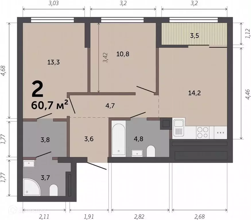 Продаётся 2-к квартира, 60 м - Фото 1