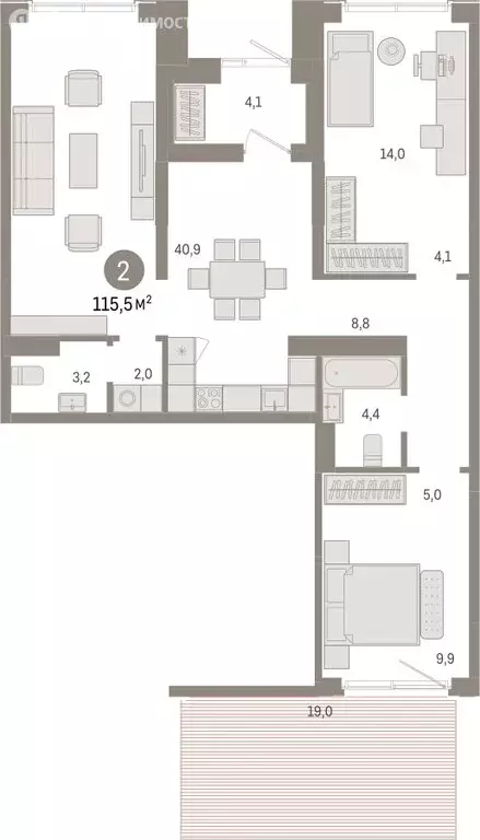 2-комнатная квартира: Новосибирск, Большевистская улица, с49 (115.49 ... - Фото 0