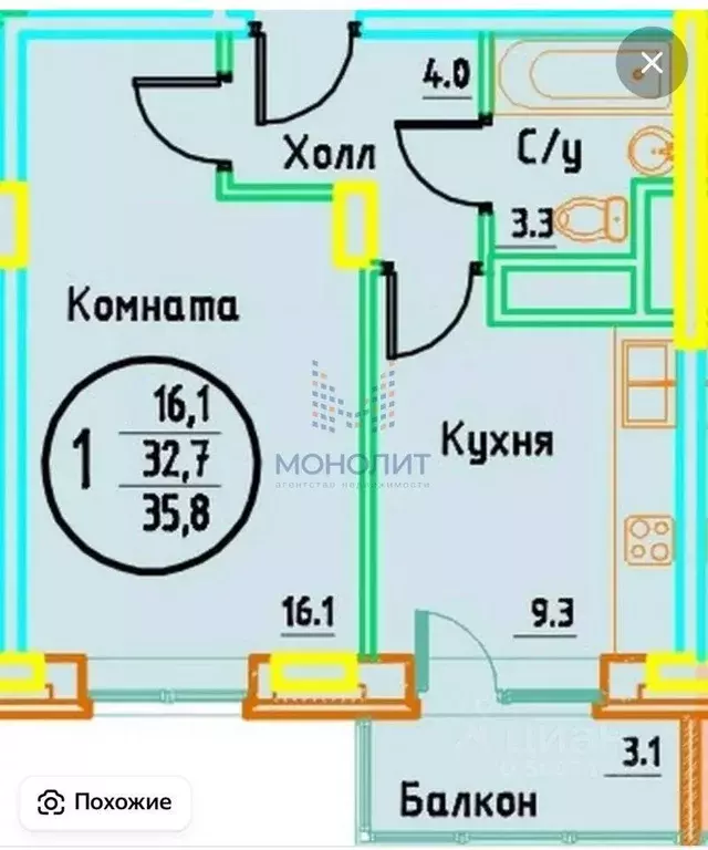Квартира, 1 комната, 35.1 м - Фото 1