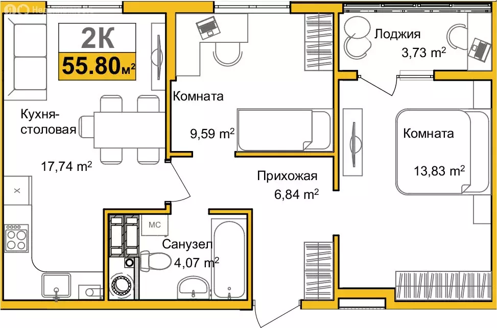 2-комнатная квартира: Симферополь, улица Батурина, 145 (51.8 м) - Фото 1